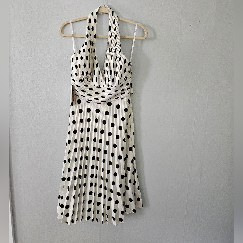 Betsey Johnson Pleated White and Black  Polkadot Silk Halter Dress NWT